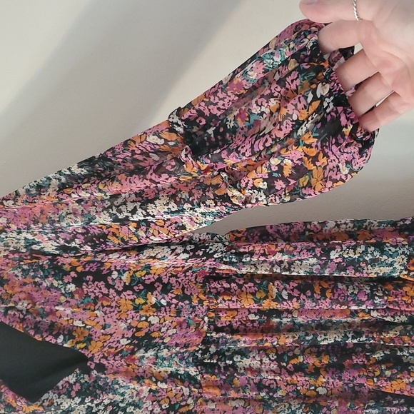 Vince Camuto Floral Babydoll Mini Dress Size Large Sheer Longsleeve Split V-Neck - Picture 2 of 13